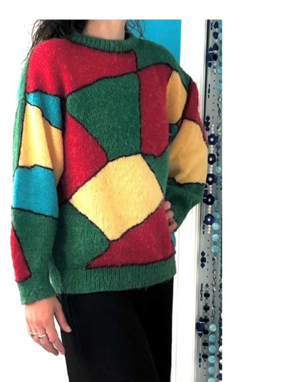 Rare Vintage Geometric Bold Colours Knit – Paris Yarn, Handmade in Quebec, 1980s